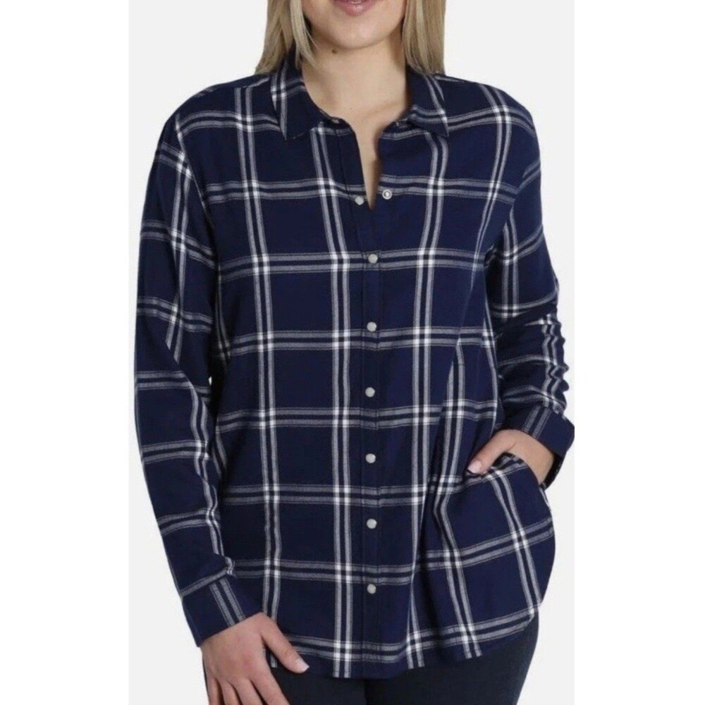 Jachs Girlfriend NY Women's Soft Flannel Shirt Blue Size L Pockets Pearl Buttons